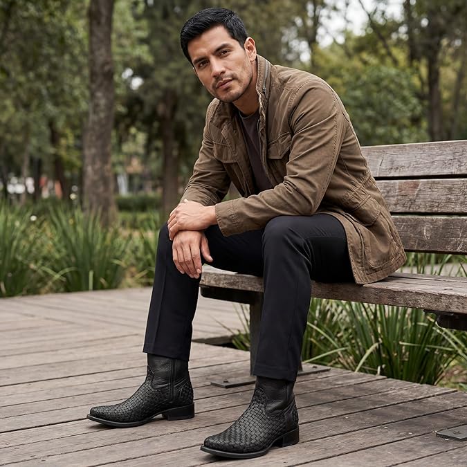 Men's Genuine Petatillo Leather Dubai Square Toe Boots with Zipper - Black - OriginalWestern.com