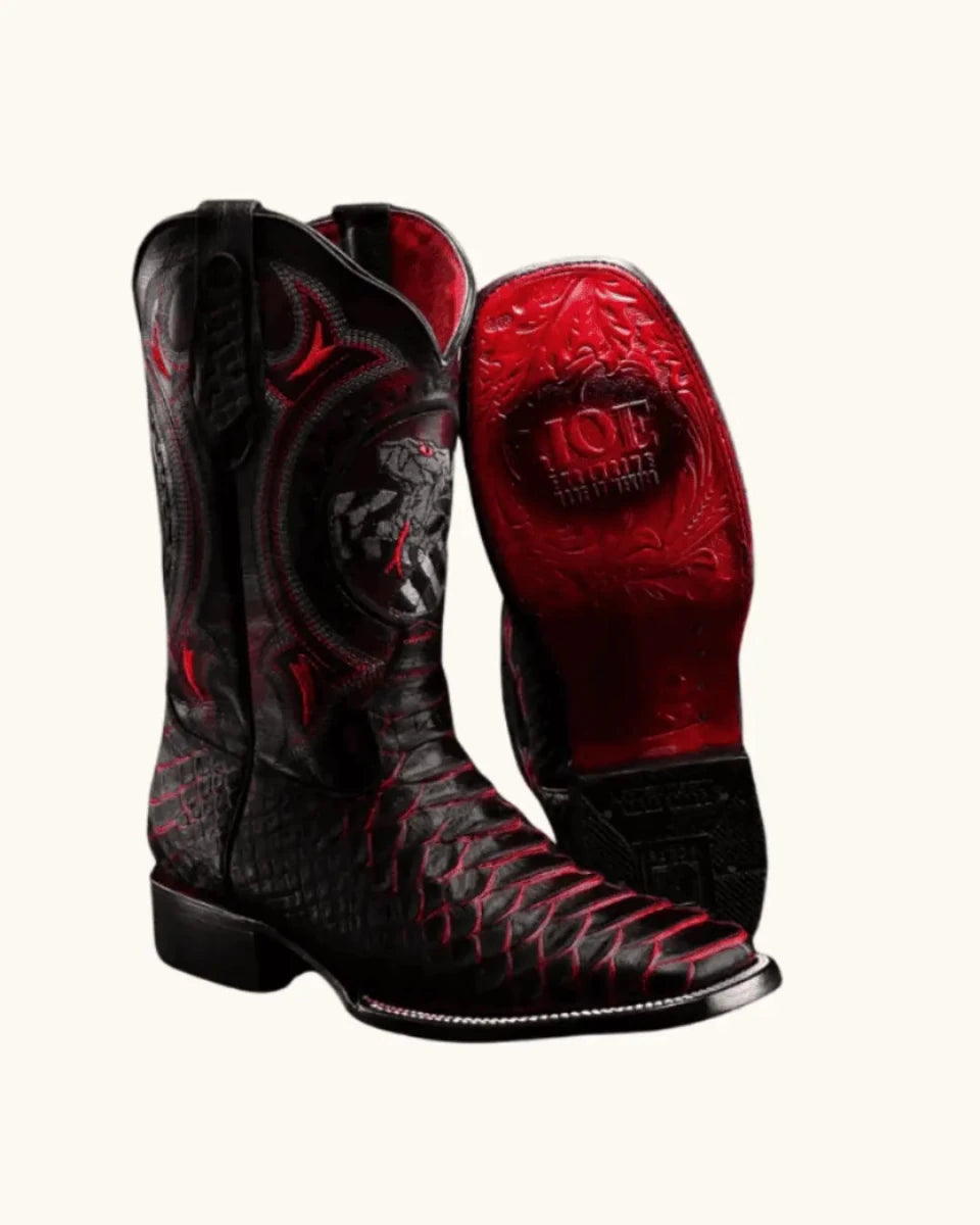 Men’s Joe Boots Python Print Snakeskin Square Toe Boots - Black Cherry - OriginalWestern.com