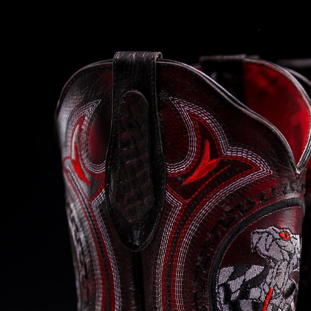 Men’s Joe Boots Python Print Snakeskin Square Toe Boots - Black Cherry - OriginalWestern.com