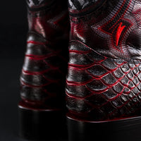 Men’s Joe Boots Python Print Snakeskin Square Toe Boots - Black Cherry - OriginalWestern.com