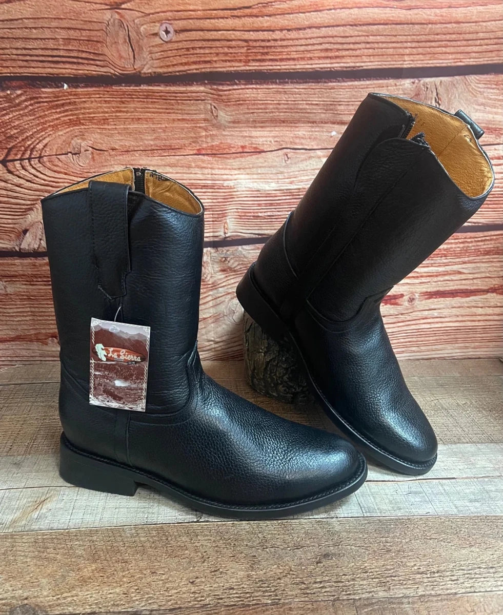 Men's Leather Cowboy Western side Zipper Black Pull on Round Toe Boots Est. 490 - OriginalWestern.com