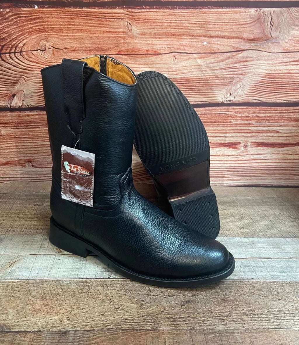 Men's Leather Cowboy Western side Zipper Black Pull on Round Toe Boots Est. 490 - OriginalWestern.com