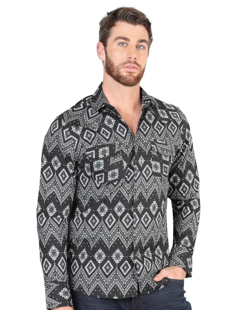 Men’s Long Sleeve Snap Button Western Shirt - Black 44432 - OriginalWestern.com
