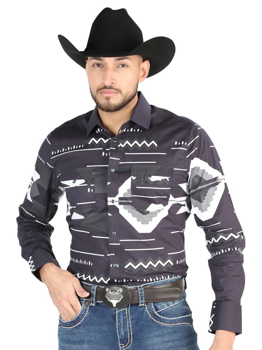 Men’s Long Sleeve Snap Button Western Shirt - Black 44500 - OriginalWestern.com