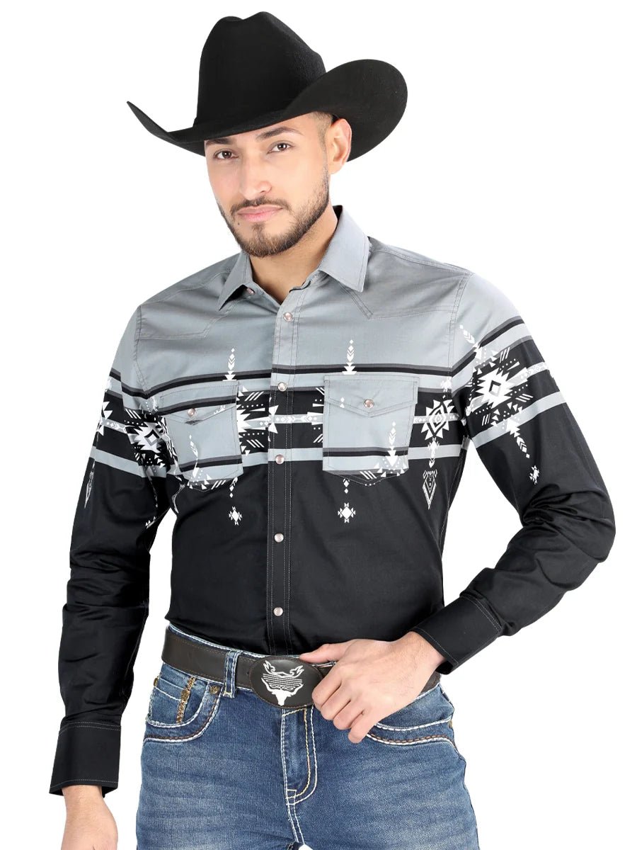 Men’s Long Sleeve Snap Button Western Shirt - Black/Gray 44452 - OriginalWestern.com