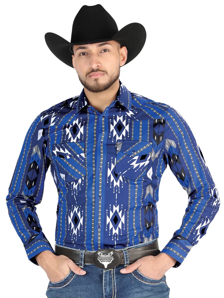 Men’s Long Sleeve Snap Button Western Shirt - Blue 44474 - OriginalWestern.com