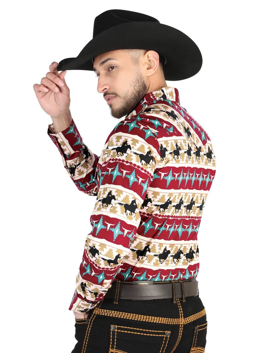 Men’s Long Sleeve Snap Button Western Shirt - Burgandy 44476 - OriginalWestern.com