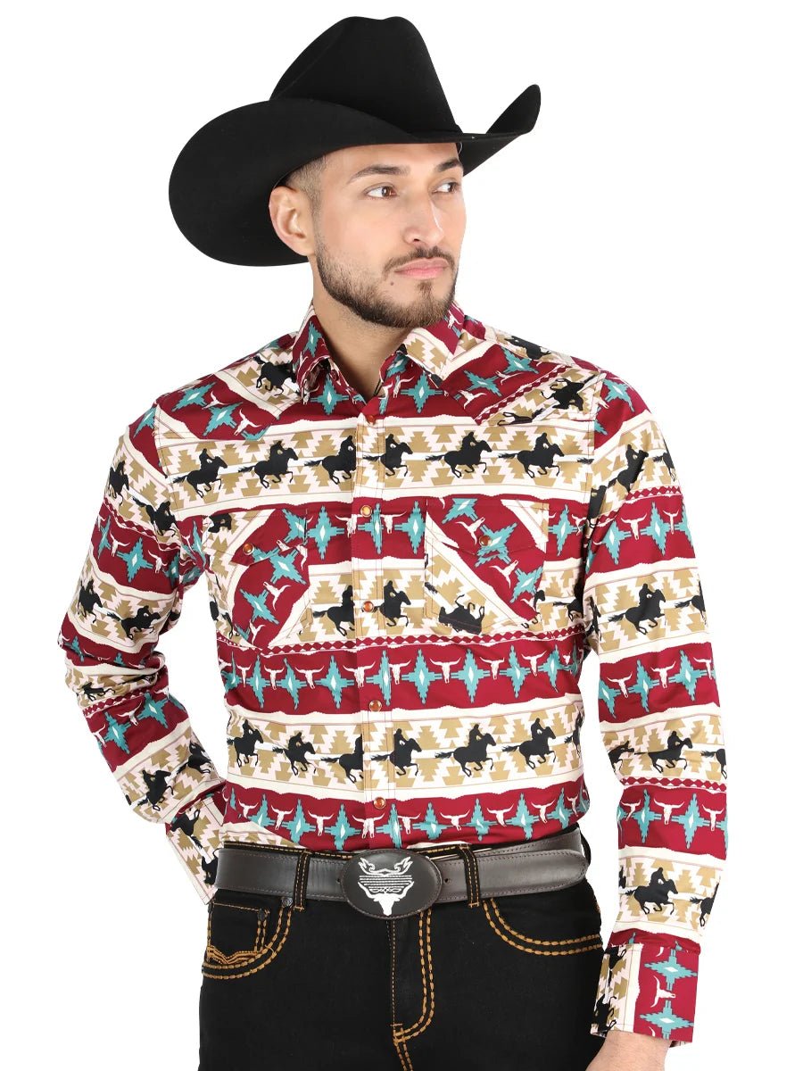 Men’s Long Sleeve Snap Button Western Shirt - Burgandy 44476 - OriginalWestern.com