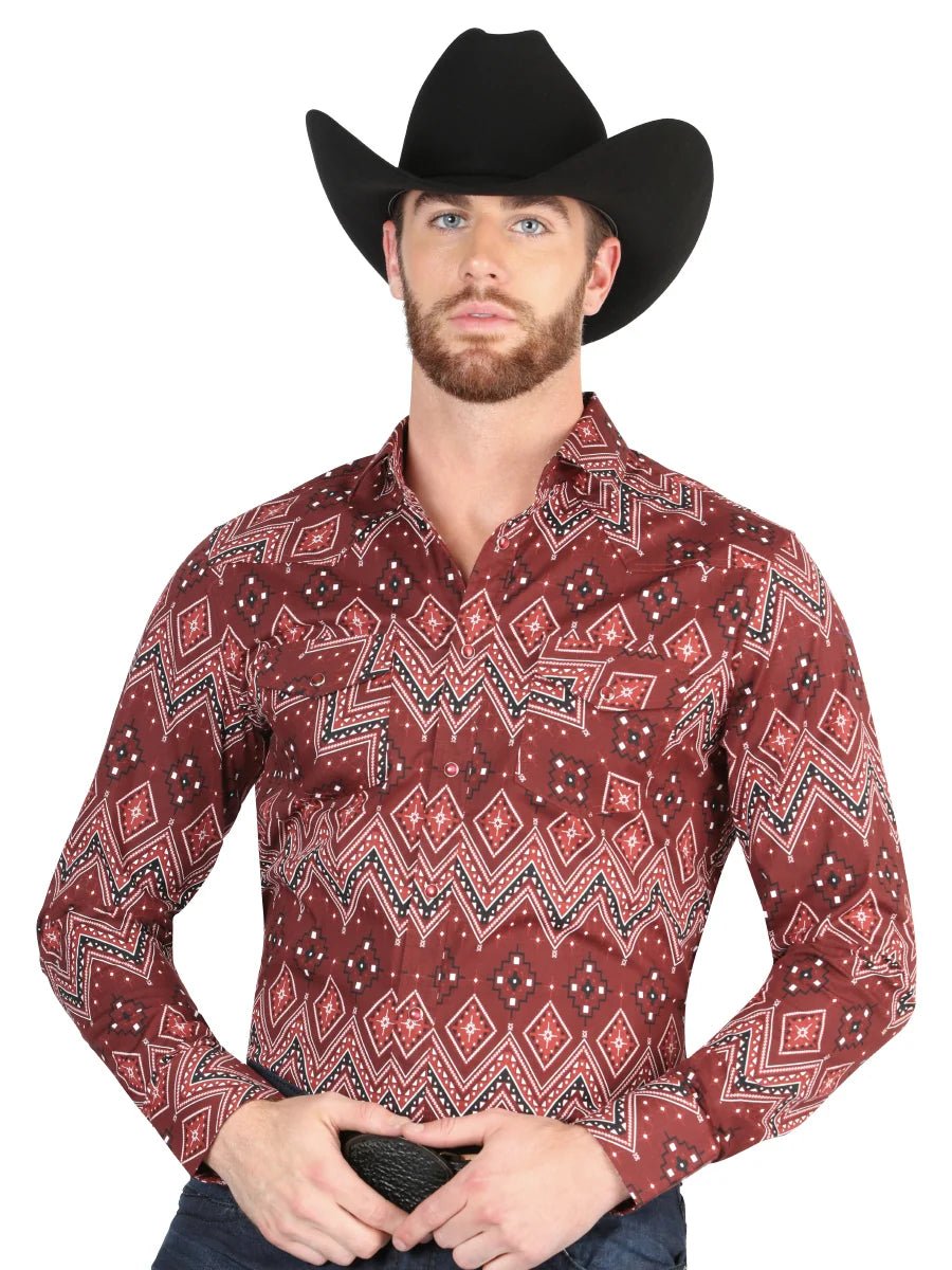 Men’s Long Sleeve Snap Button Western Shirt - Burgundy 44431 - OriginalWestern.com