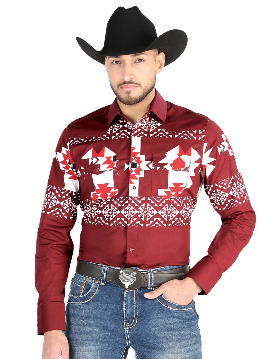 Men’s Long Sleeve Snap Button Western Shirt - Burgundy 44484 - OriginalWestern.com
