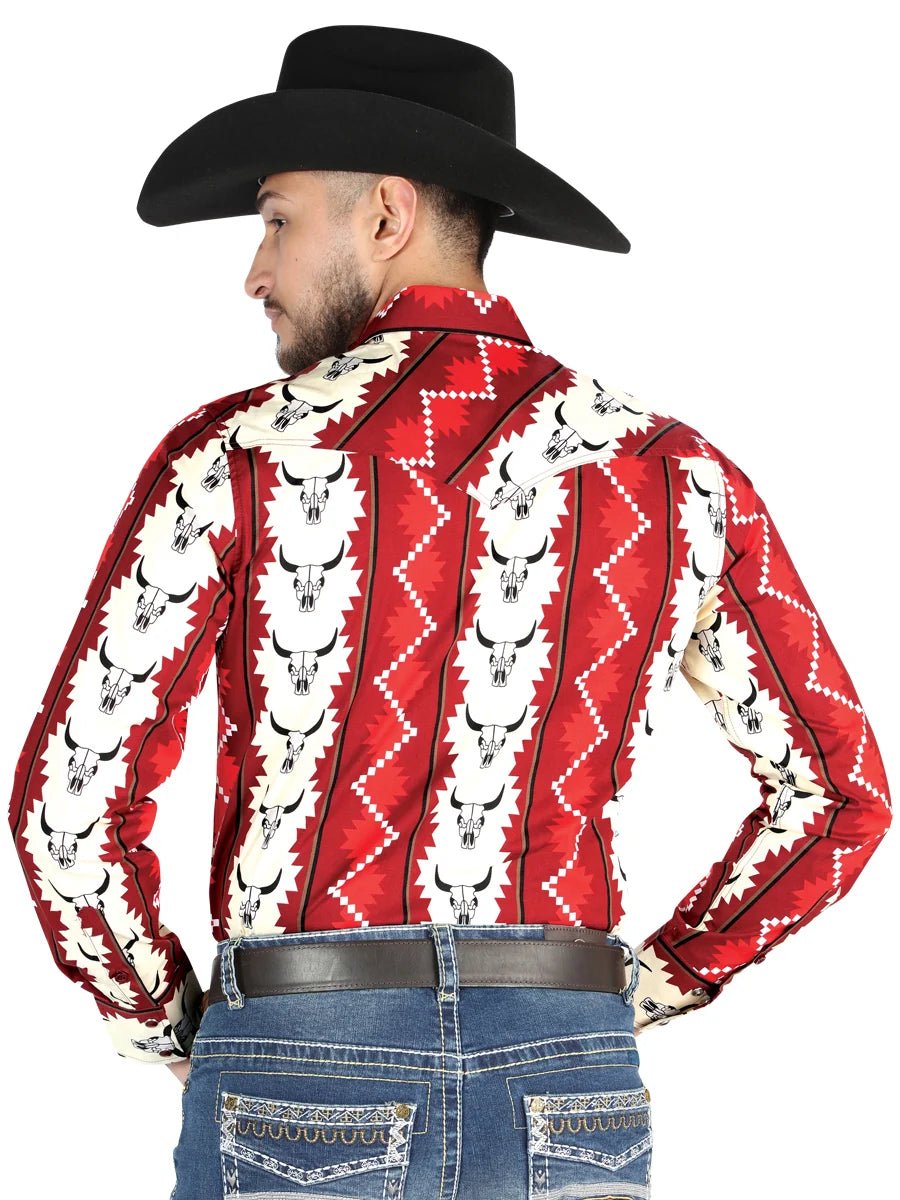 Men’s Long Sleeve Snap Button Western Shirt - Burgundy/Beige 44490 - OriginalWestern.com