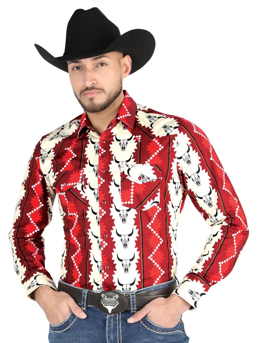 Men’s Long Sleeve Snap Button Western Shirt - Burgundy/Beige 44490 - OriginalWestern.com