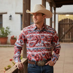 Men's Long Sleeve Snap Button Western Shirt - Red & White MC360 - OriginalWestern.com