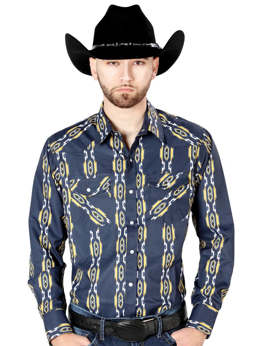 Men's Long Sleeve Western Fashion Snap Button Shirt - Blue 44219 - OriginalWestern.com