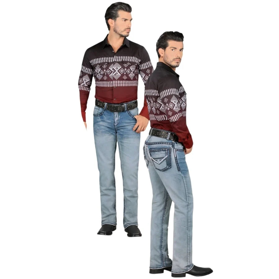 Men's Boot Cut Western Jeans – Stretch Denim Cowboy Pants - Light Blue LAM-1872
