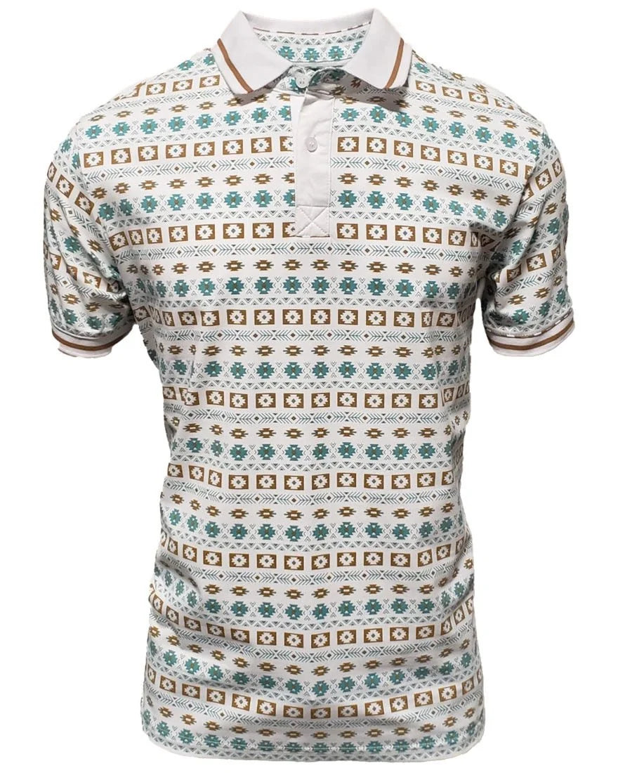 Lamasini - Men's White Polo Shirt with Arizona-Inspired Geometric Pattern 28212