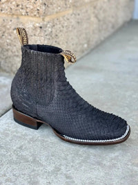 Men’s Red Diamonds Genuine Exotic Python Snakeskin Square Toe Ankle Boots - Black - OriginalWestern.com