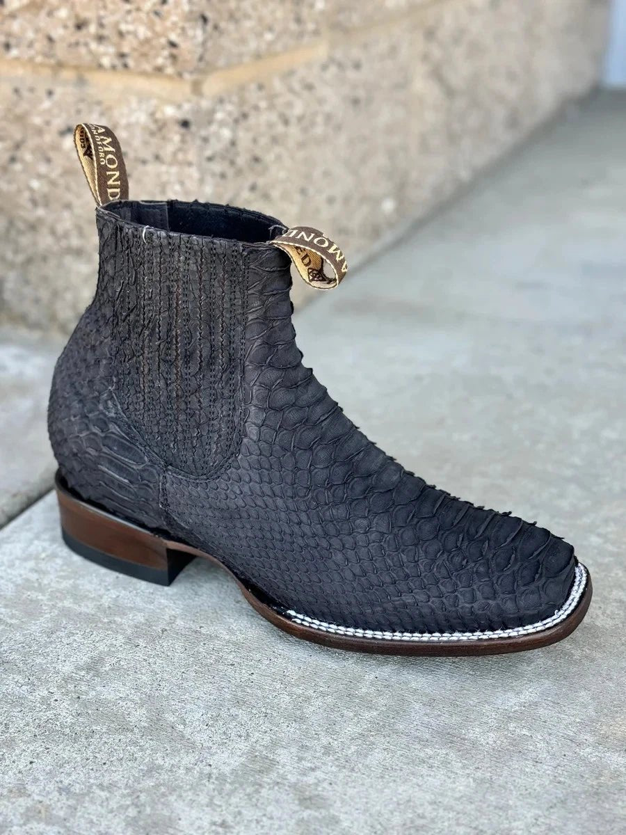 Men’s Red Diamonds Genuine Exotic Python Snakeskin Square Toe Ankle Boots - Black - OriginalWestern.com