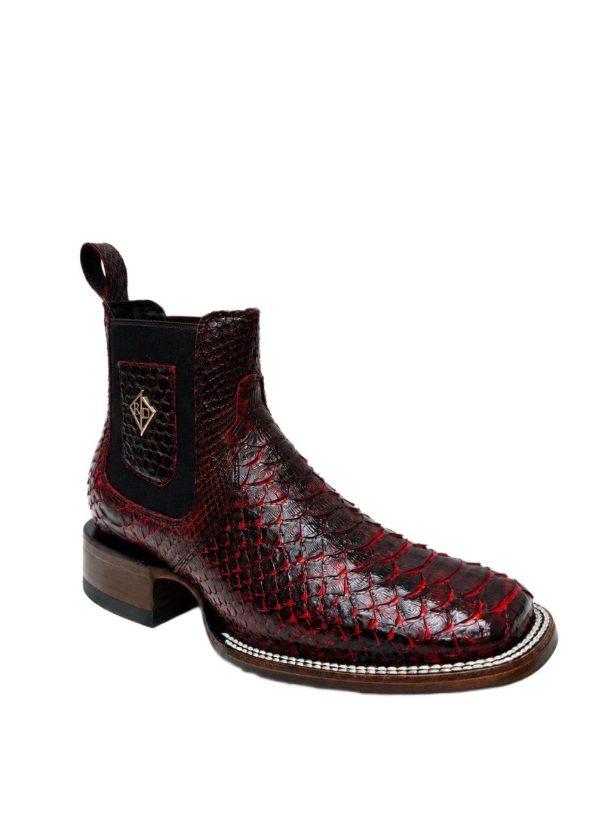 Men’s Red Diamonds Genuine Exotic Python Snakeskin Square Toe Ankle Boots - Black Cherry - OriginalWestern.com