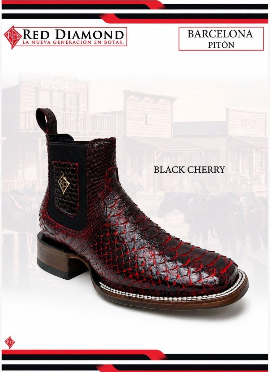 Men’s Red Diamonds Genuine Exotic Python Snakeskin Square Toe Ankle Boots - Black Cherry - OriginalWestern.com