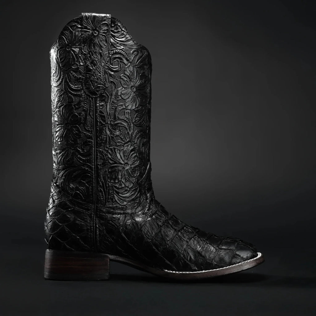 Men’s Rodeo Cartie Genuine Exotic Pirarucu Monster Fish Square Toe Boots - Black - OriginalWestern.com