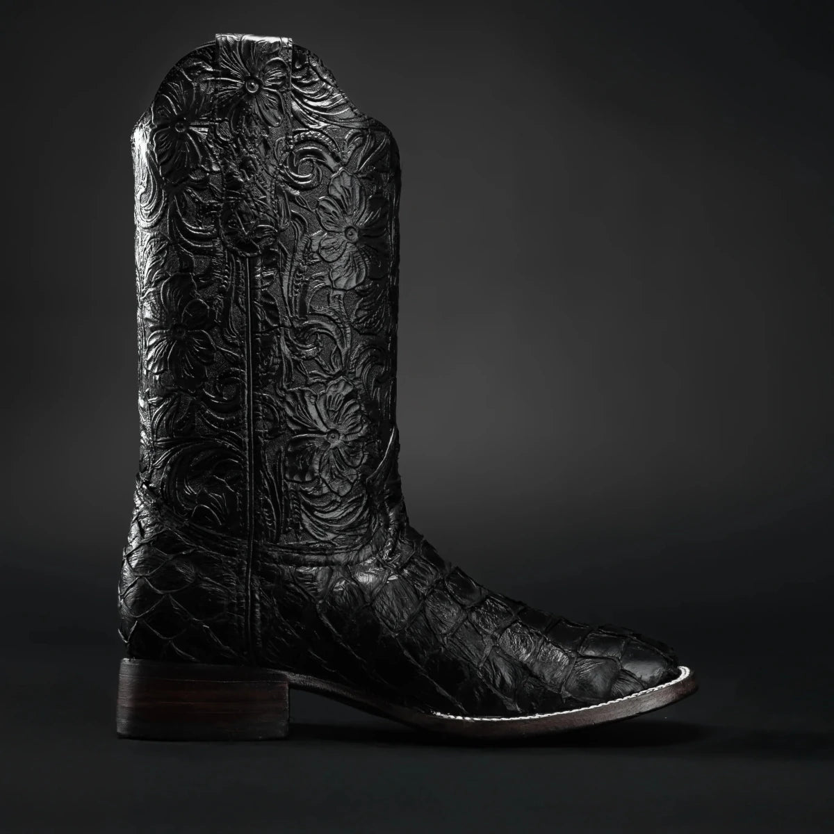 Men’s Rodeo Cartie Genuine Exotic Pirarucu Monster Fish Square Toe Boots - Black - OriginalWestern.com