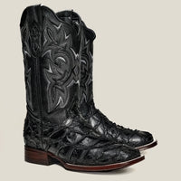 Men’s Rodeo Cartie Genuine Exotic Pirarucu Monster Fish Square Toe Boots - Black - OriginalWestern.com