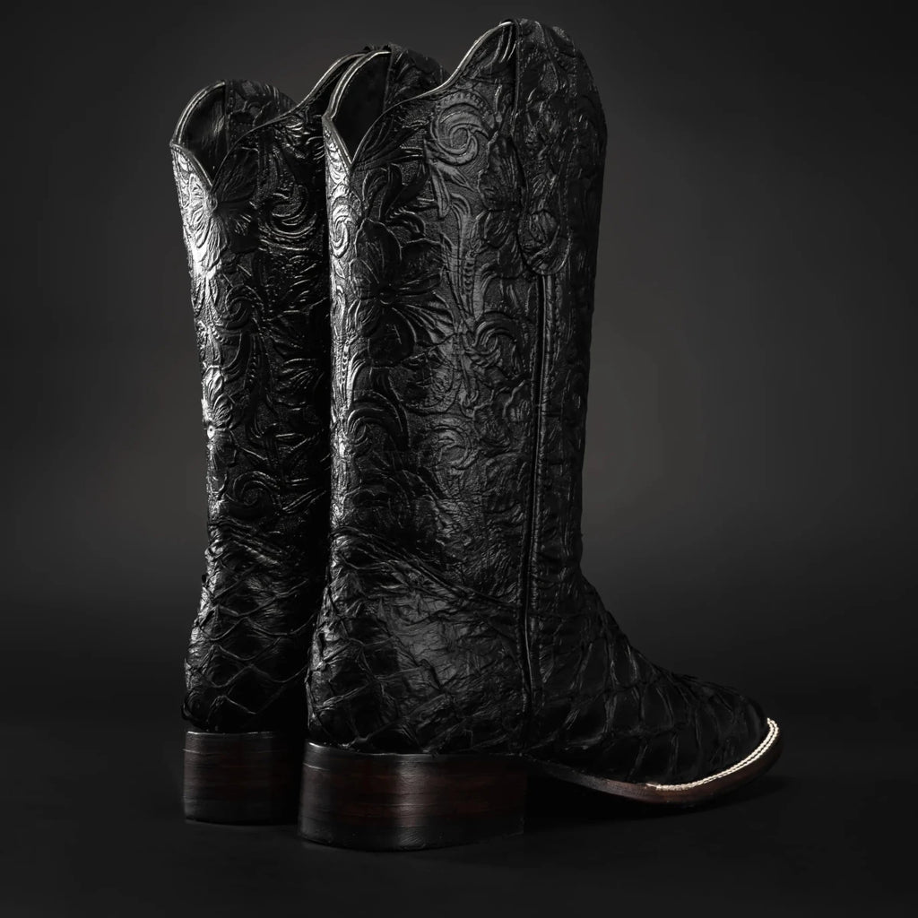 Men’s Rodeo Cartie Genuine Exotic Pirarucu Monster Fish Square Toe Boots - Black - OriginalWestern.com