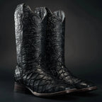 Men’s Rodeo Cartie Genuine Exotic Pirarucu Monster Fish Square Toe Boots - Black - OriginalWestern.com