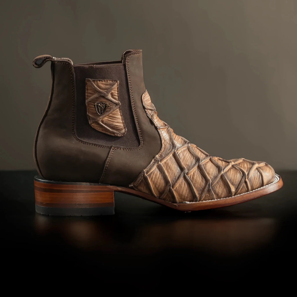 Men’s Rodeo Cartie Genuine Leather Pirarucu Fish Print Square Toe Ankle Boots - Oryx - OriginalWestern.com