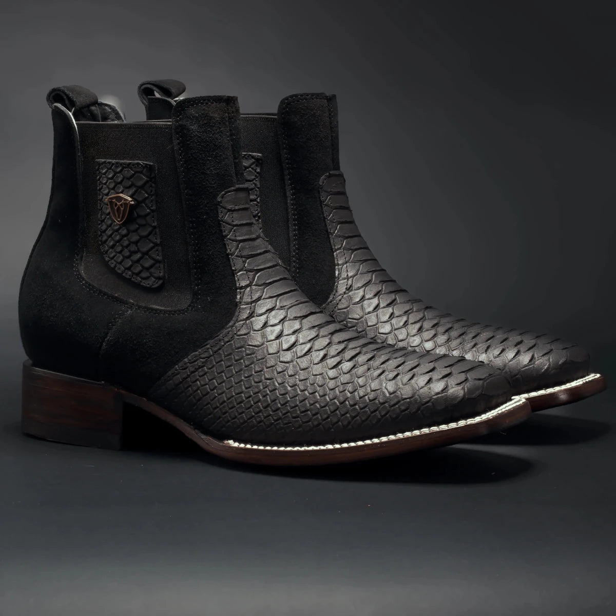 Men’s Rodeo Cartie Genuine Leather Python Print Square Toe Ankle Boots - Black - OriginalWestern.com