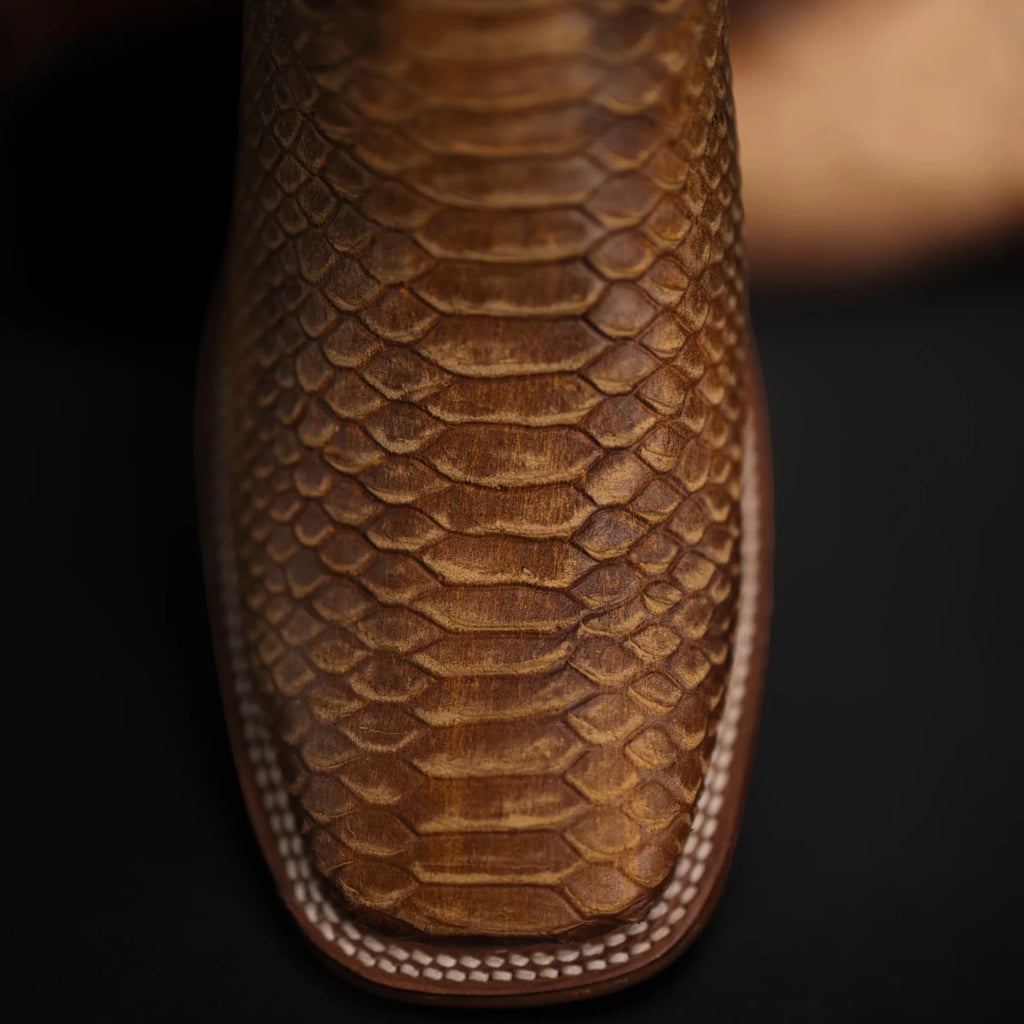 Men’s Rodeo Cartie Python Print Snakeskin Square Toe Boots - Honey - OriginalWestern.com