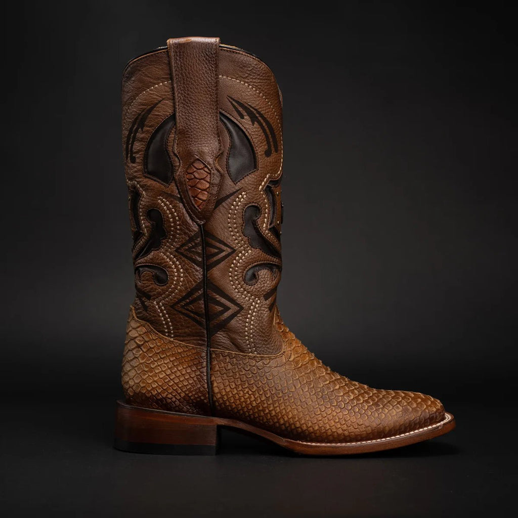 Men’s Rodeo Cartie Python Print Snakeskin Square Toe Boots - Honey - OriginalWestern.com