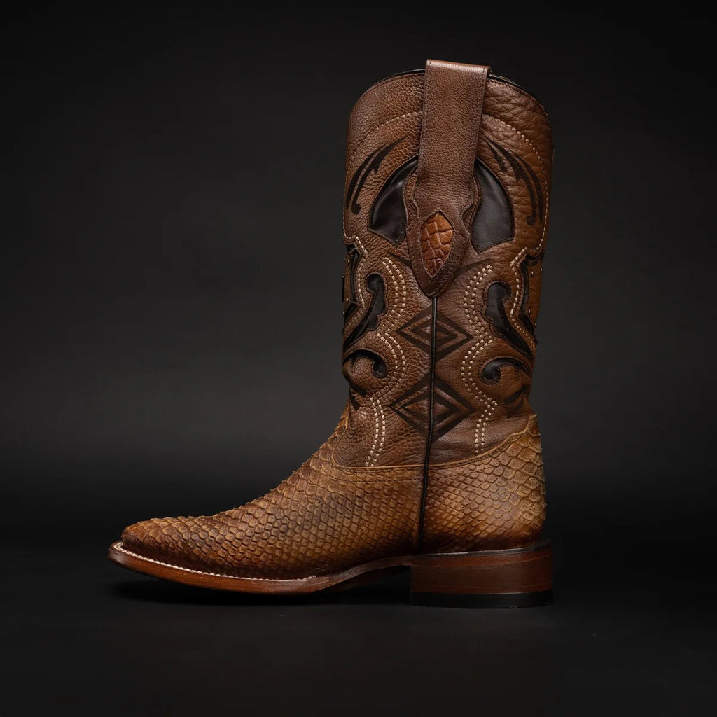 Men’s Rodeo Cartie Python Print Snakeskin Square Toe Boots - Honey - OriginalWestern.com
