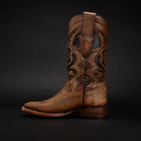 Men’s Rodeo Cartie Python Print Snakeskin Square Toe Boots - Honey - OriginalWestern.com