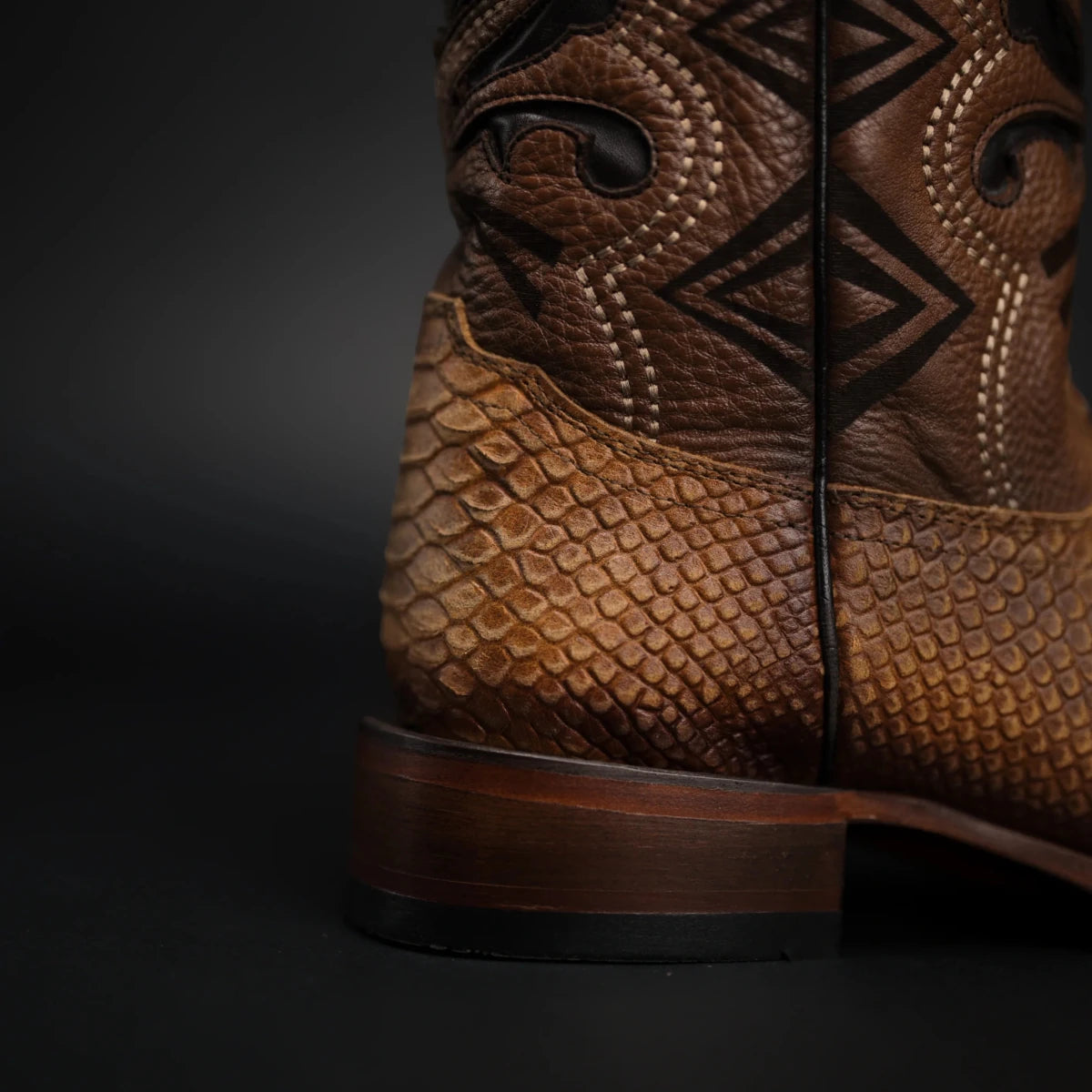 Men’s Rodeo Cartie Python Print Snakeskin Square Toe Boots - Honey - OriginalWestern.com