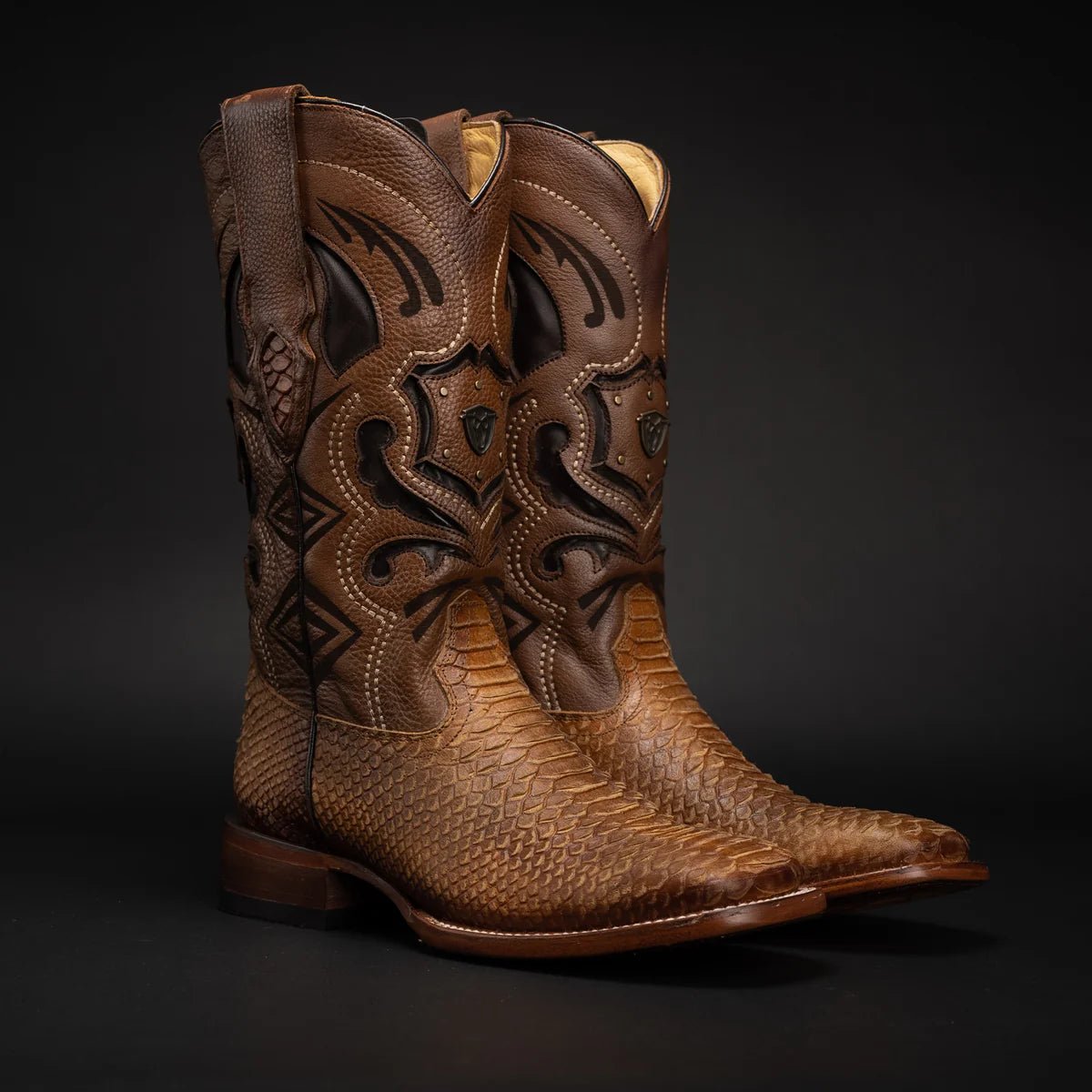Men’s Rodeo Cartie Python Print Snakeskin Square Toe Boots - Honey - OriginalWestern.com