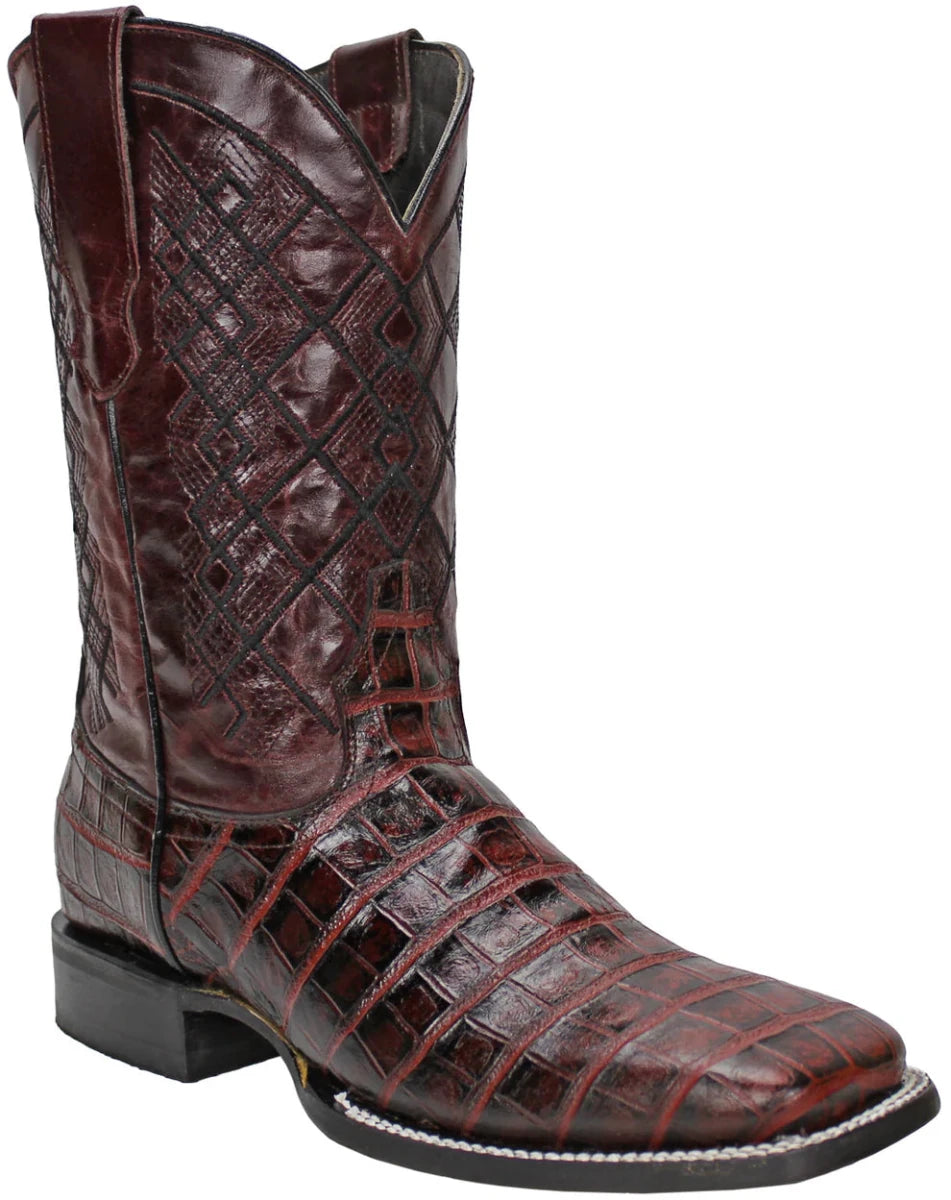 Men´s Silverton Crocodile Belly Print Leather Wide Square Toe Boots - Cherry - OriginalWestern.com