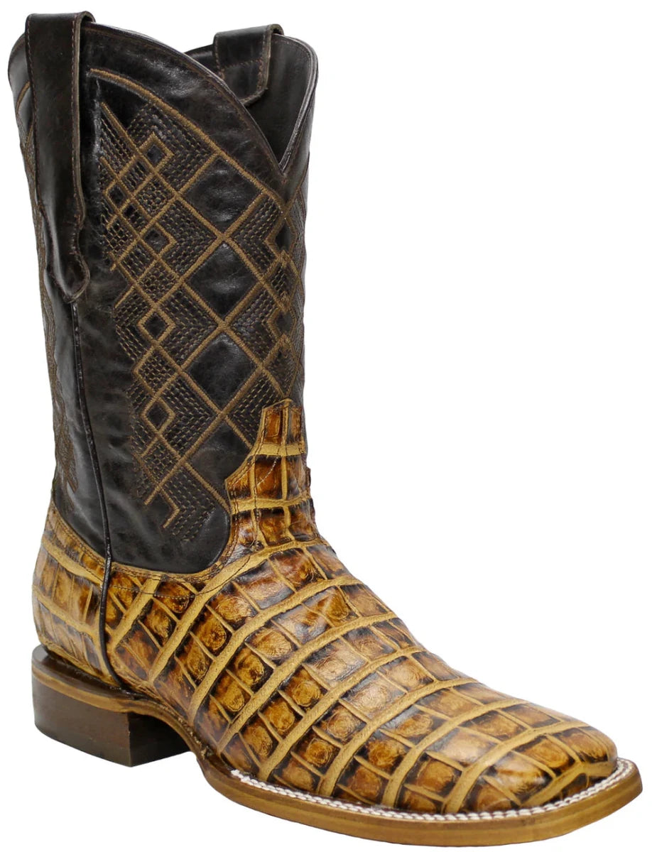 Men´s Silverton Crocodile Belly Print Leather Wide Square Toe Boots - Honey - OriginalWestern.com