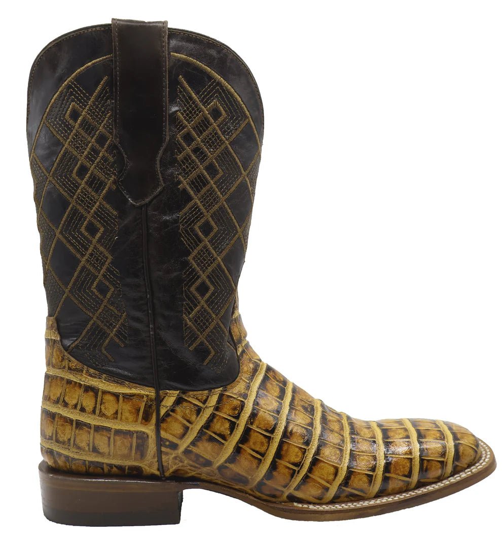 Men´s Silverton Crocodile Belly Print Leather Wide Square Toe Boots - Honey - OriginalWestern.com
