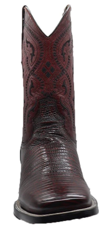 Men´s Silverton Lizard Print Leather Wide Square Toe Boots - Cherry - OriginalWestern.com