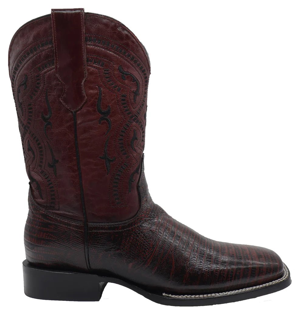 Men´s Silverton Lizard Print Leather Wide Square Toe Boots - Cherry - OriginalWestern.com