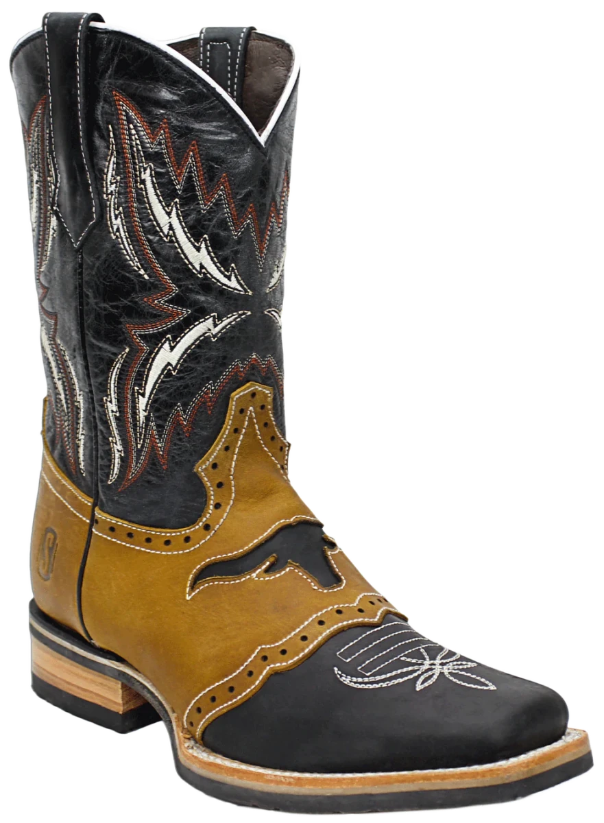Men´s Silverton Longhorn All Leather Square Toe Boots - Black - OriginalWestern.com