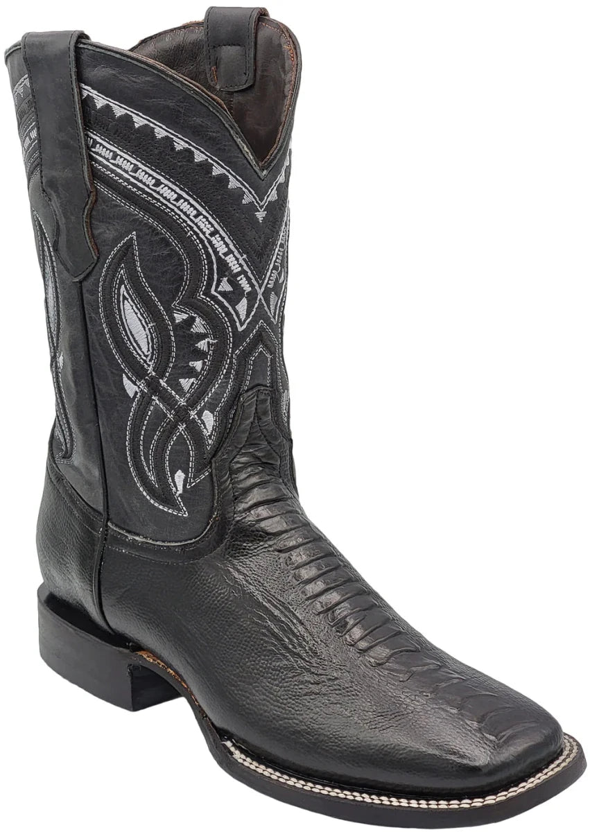 Men´s Silverton Ostrich Leg Print Leather Wide Square Toe Boots - Black - OriginalWestern.com