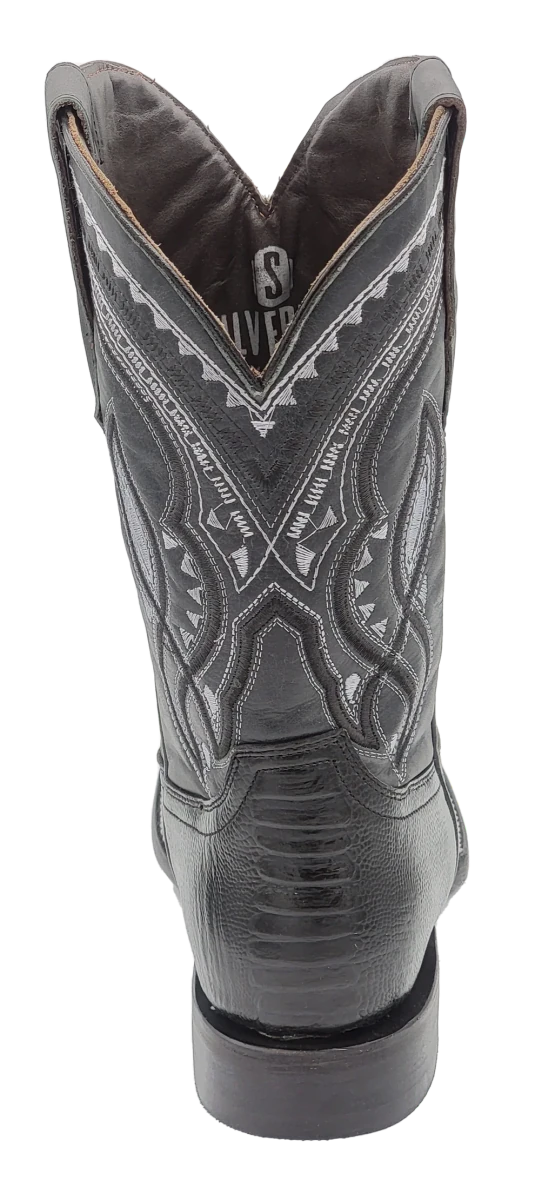 Men´s Silverton Ostrich Leg Print Leather Wide Square Toe Boots - Black - OriginalWestern.com
