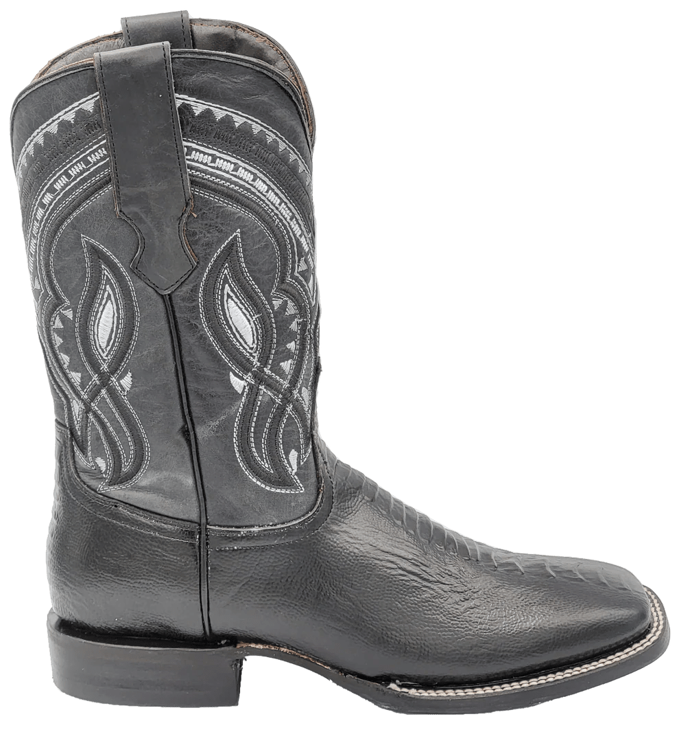 Men´s Silverton Ostrich Leg Print Leather Wide Square Toe Boots - Black - OriginalWestern.com