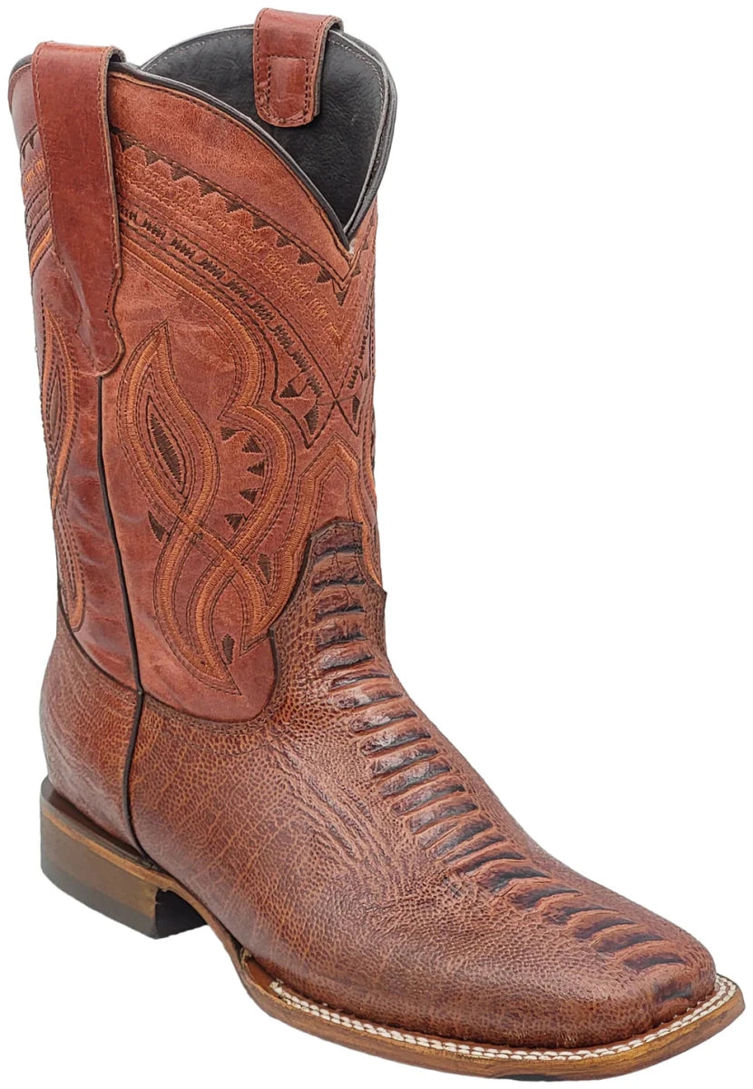 Men´s Silverton Ostrich Leg Print Leather Wide Square Toe Boots - Shedron - OriginalWestern.com