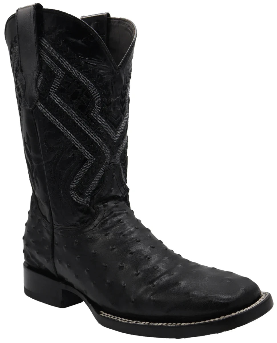 Men´s Silverton Ostrich Print Wide Square Toe Cowboy Boots - Black - OriginalWestern.com