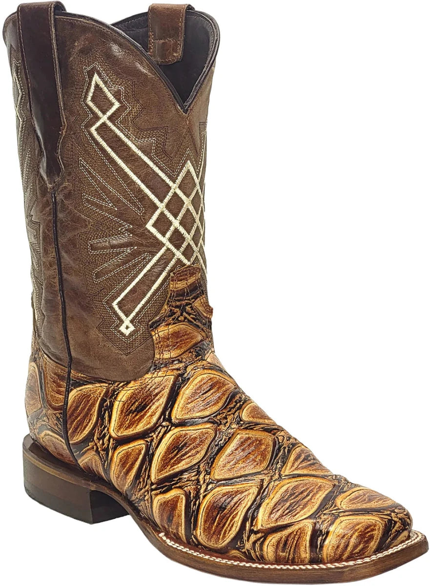 Men´s Silverton Pirarucu LG Print Leather Wide Square Toe Boots-Honey