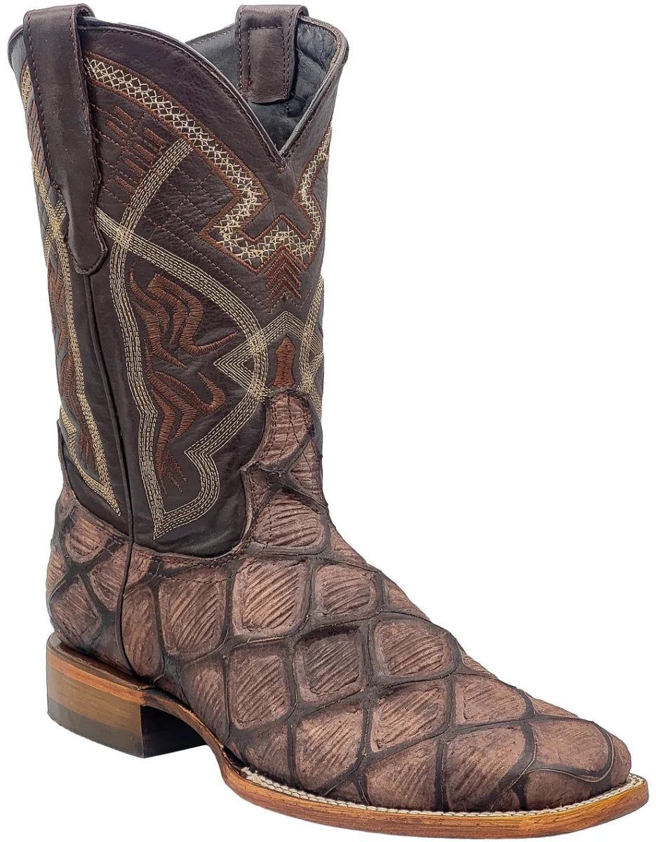 Men´s Silverton Pirarucu Mate Print Leather Wide Square Toe Boots - Brown - OriginalWestern.com